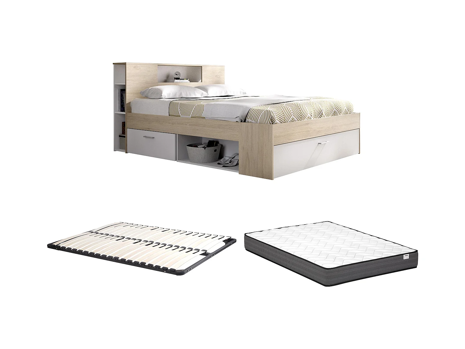 Letto con testata con vani portaoggetti e cassetti 160 x 200 cm: Naturale e Bianco + Rete + Materasso LEANDRE