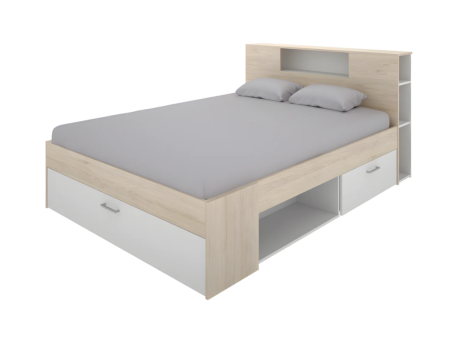 Letto con testata con vani portaoggetti e cassetti 160 x 200 cm: Naturale e Bianco + Rete + Materasso LEANDRE