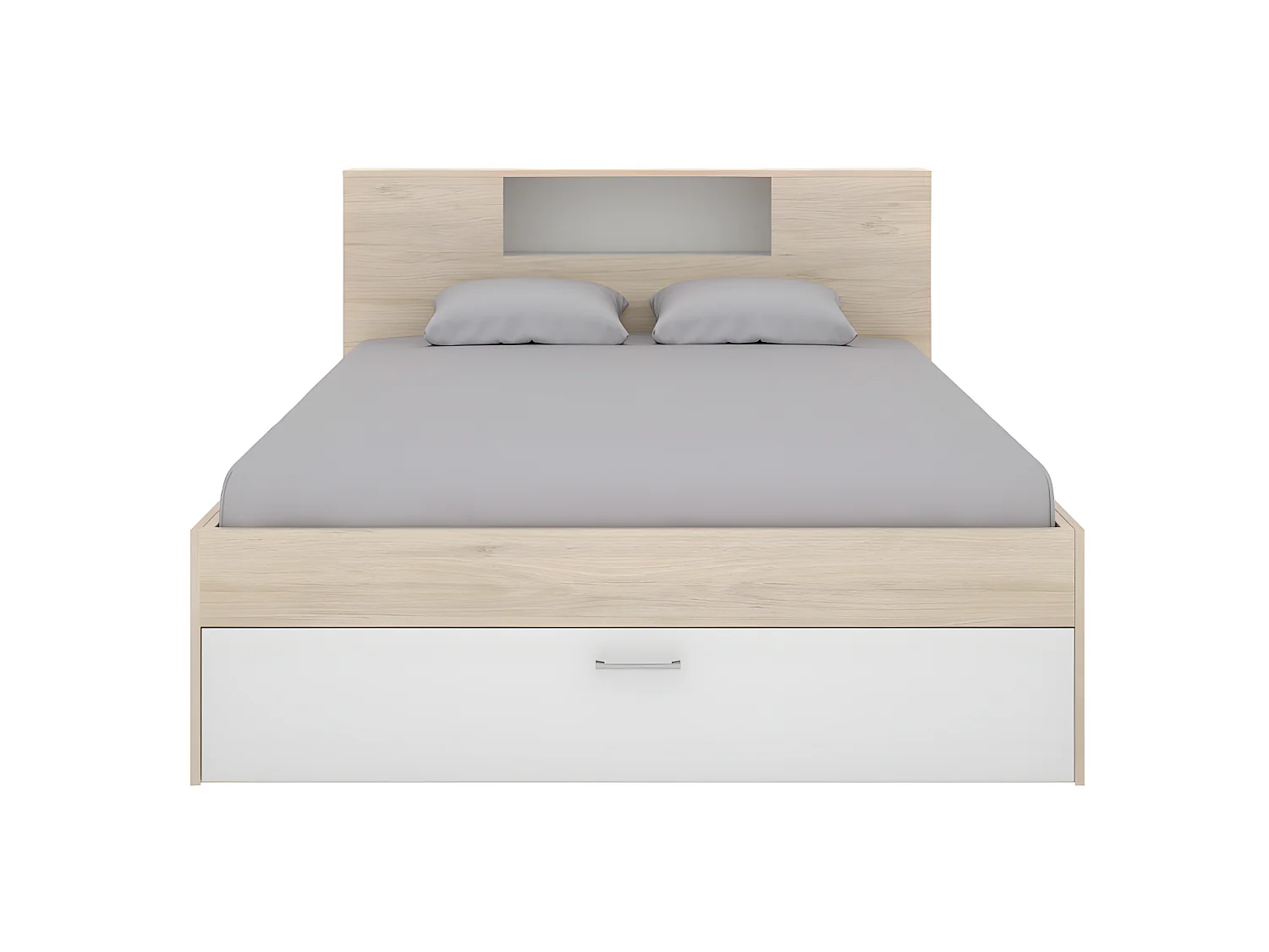 Letto con testata con vani portaoggetti e cassetti 160 x 200 cm: Naturale e Bianco + Rete + Materasso LEANDRE