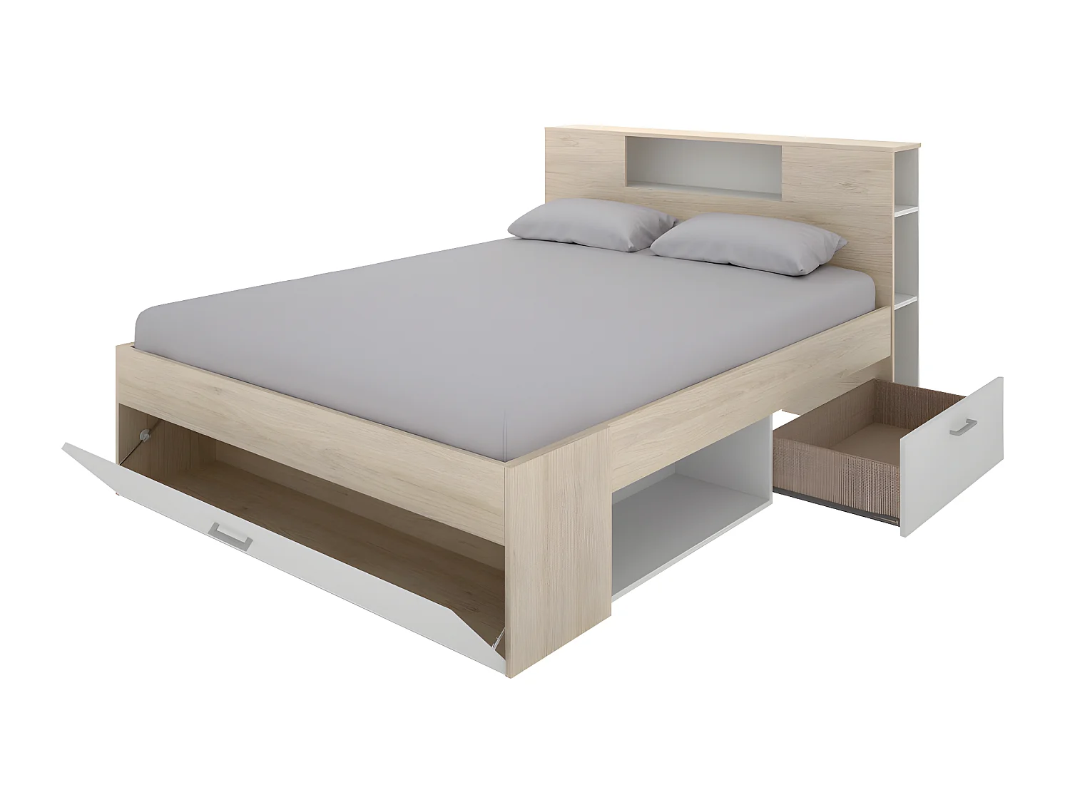 Letto con testata con vani portaoggetti e cassetti 160 x 200 cm: Naturale e Bianco + Rete + Materasso LEANDRE