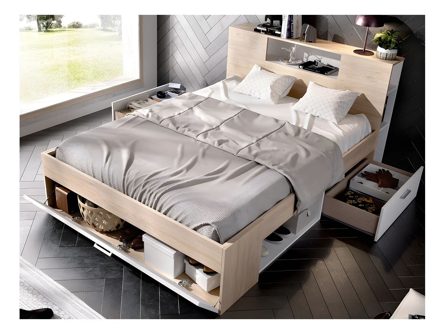 Letto con testata con vani portaoggetti e cassetti 160 x 200 cm: Naturale e Bianco + Rete + Materasso LEANDRE