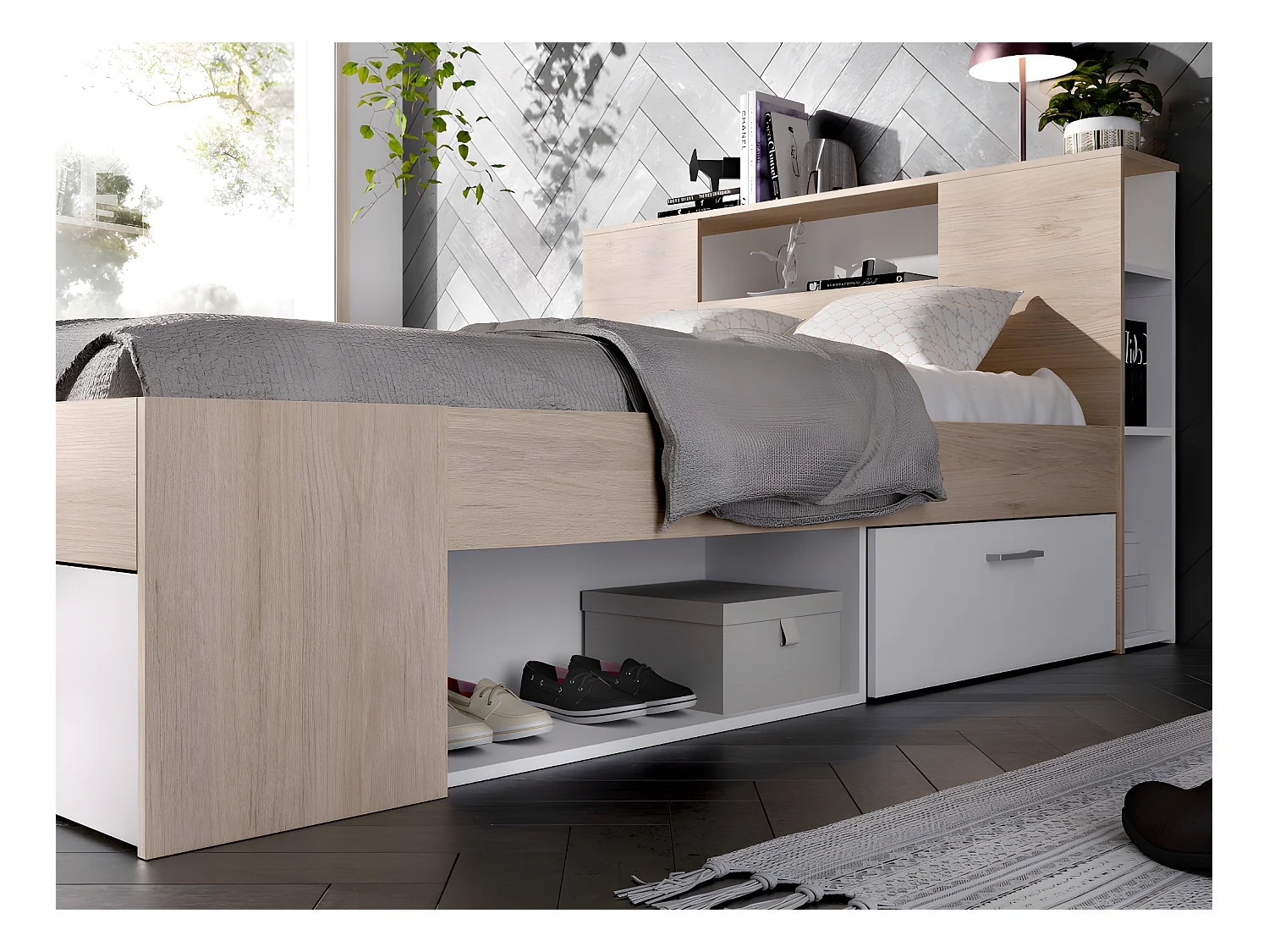 Letto con testata con vani portaoggetti e cassetti 160 x 200 cm: Naturale e Bianco + Rete + Materasso LEANDRE