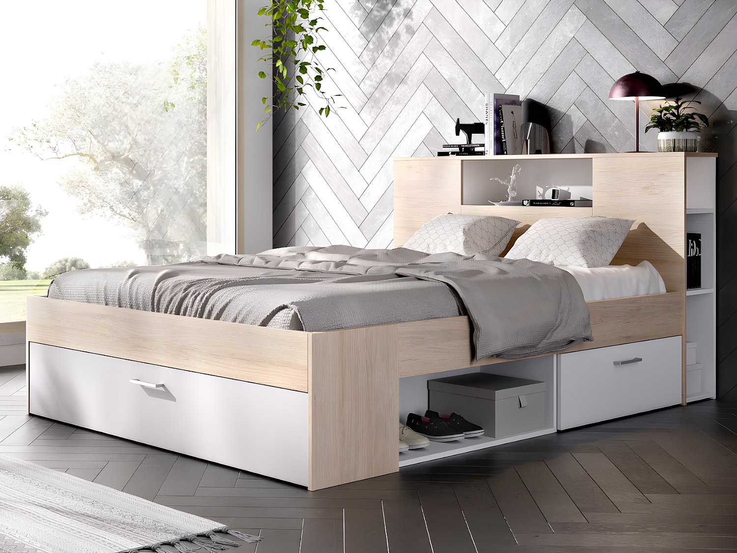 Bett mit Kopfteil, Stauraum & Schubladen + Lattenrost + Matratze - 160 x 20 günstig online kaufen