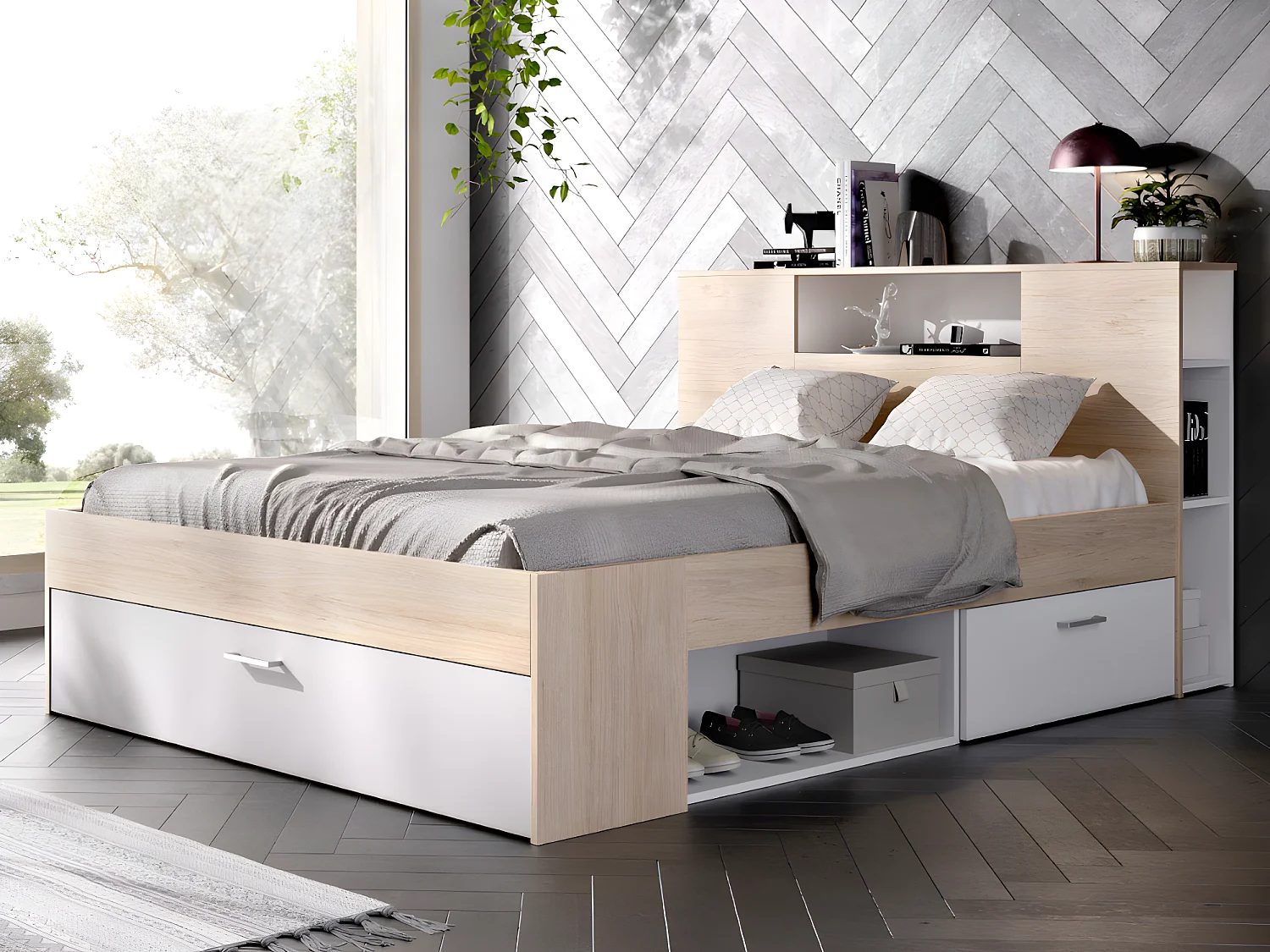 Bed met hoofdeinde met opbergruimte en lades - 160 x 200 cm - Kleur: naturel en wit + bedbodem + matras - LEANDRE