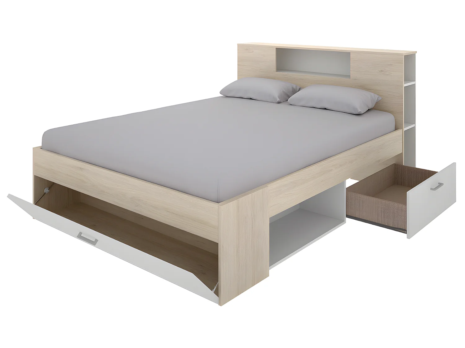 Bed met hoofdeinde met opbergruimte en lades - 160 x 200 cm - Kleur: naturel en wit + bedbodem + matras - LEANDRE