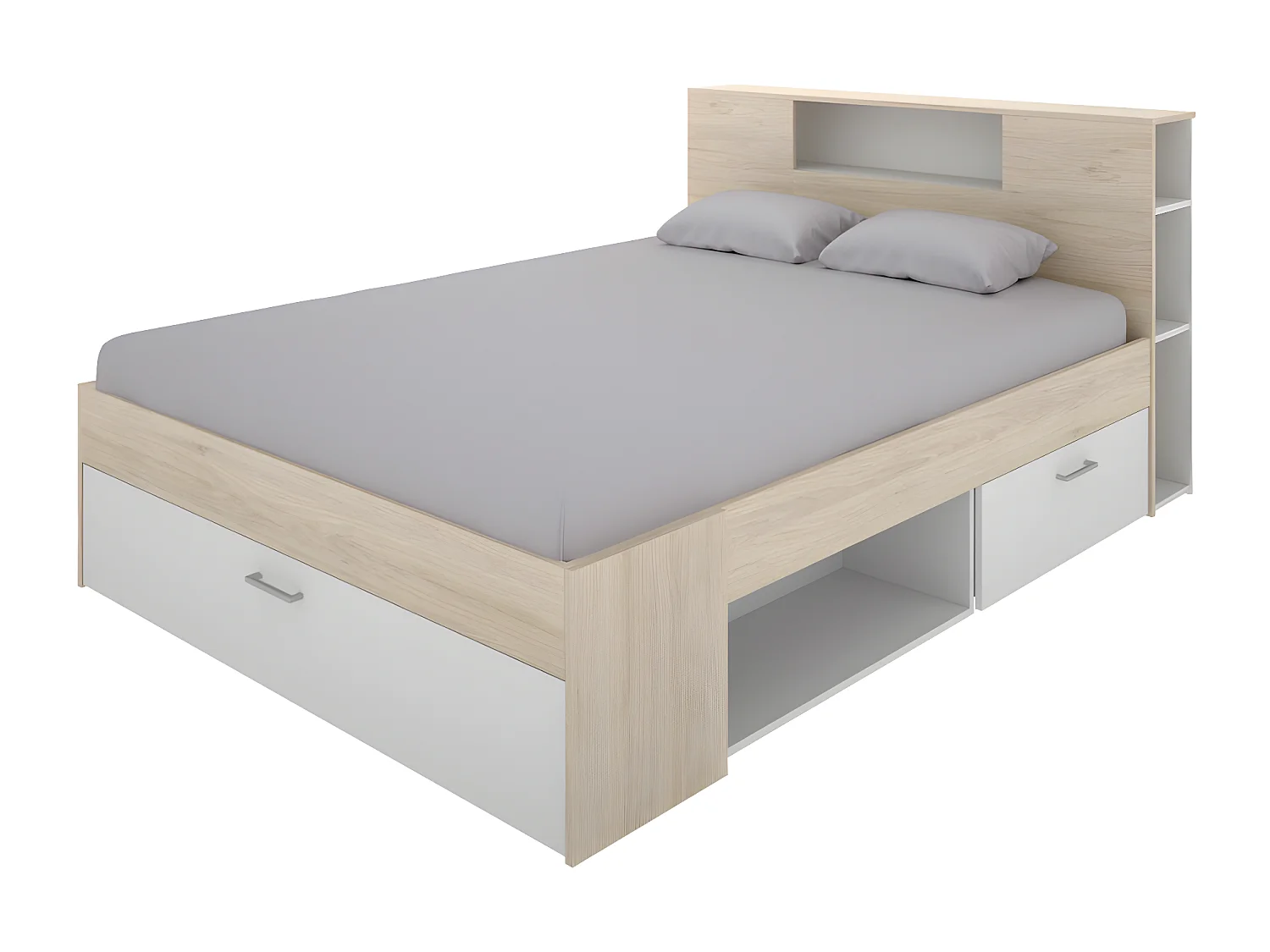 Bed met hoofdeinde met opbergruimte en lades - 160 x 200 cm - Kleur: naturel en wit + bedbodem + matras - LEANDRE