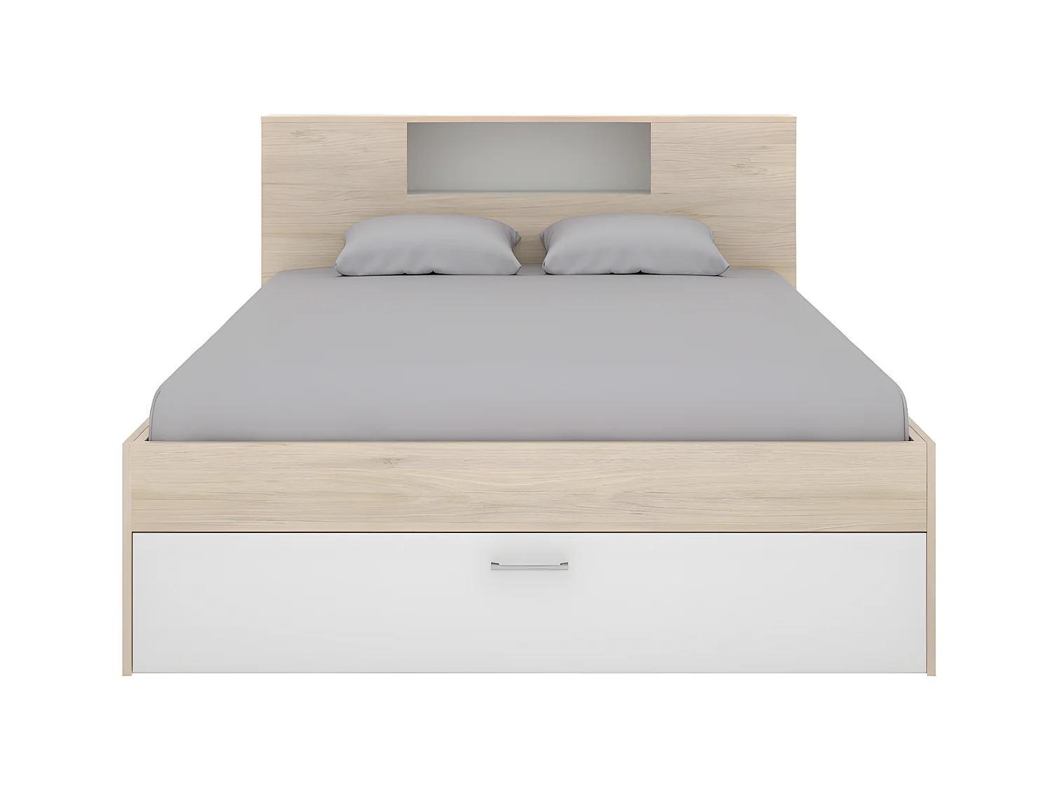Bed met hoofdeinde met opbergruimte en lades - 160 x 200 cm - Kleur: naturel en wit + bedbodem + matras - LEANDRE