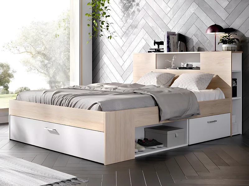 Letto con testata con vani portaoggetti e cassetti 160 x 200 cm: Naturale e Bianco + Rete + Materasso LEANDRE