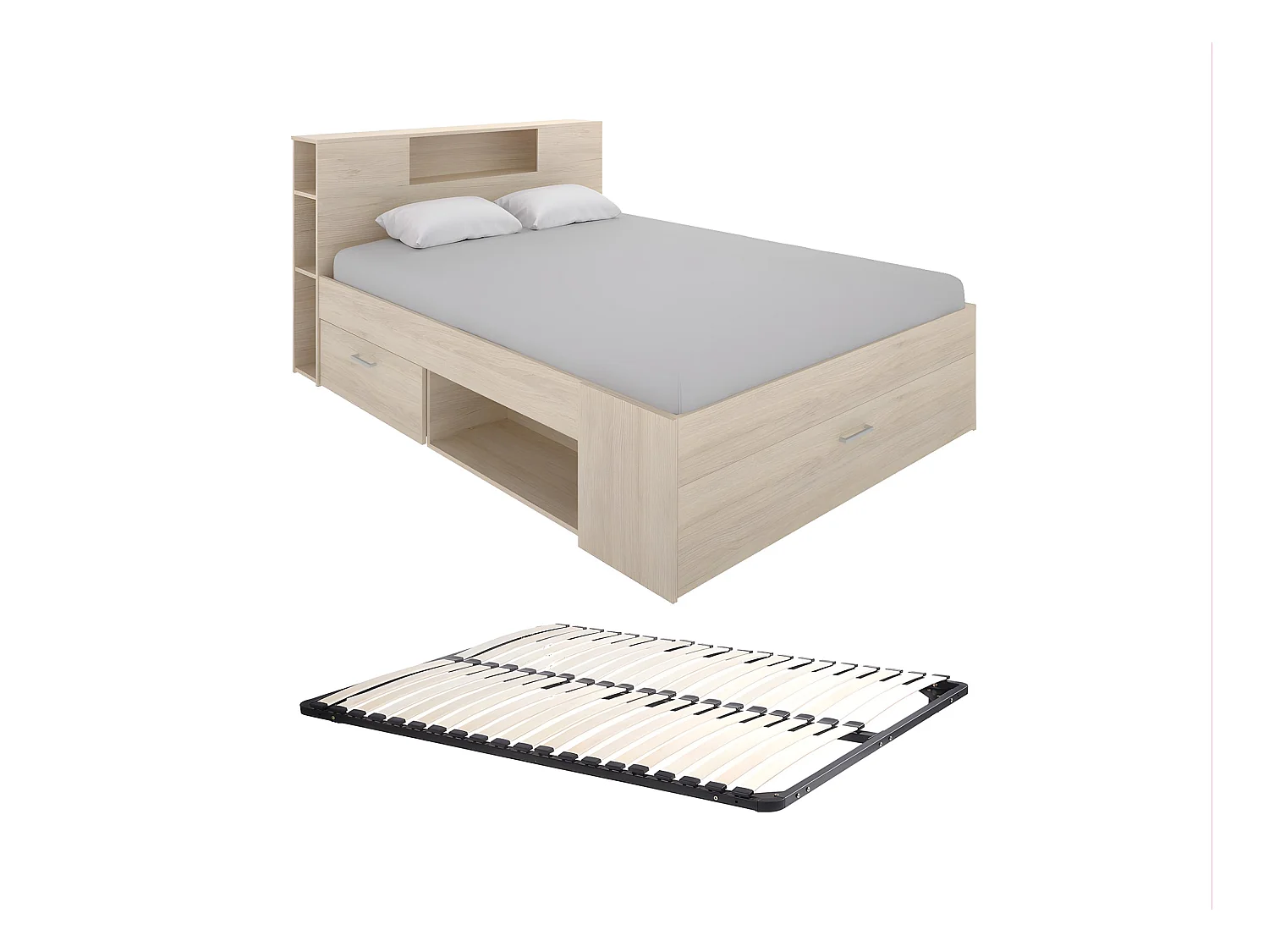 Cama com cabeceira, espaços de arrumação e gavetas 160 x 200 cm cor natural + sommier - LEANDRE