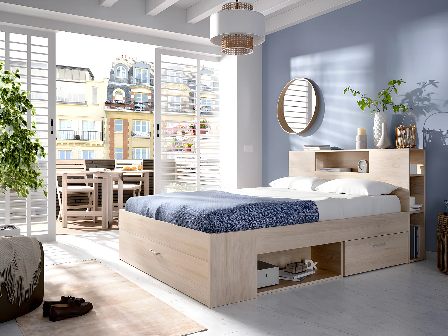 Lit avec tête de lit rangements et tiroirs - 160 x 200 cm - Coloris : Naturel + Sommier - LEANDRE