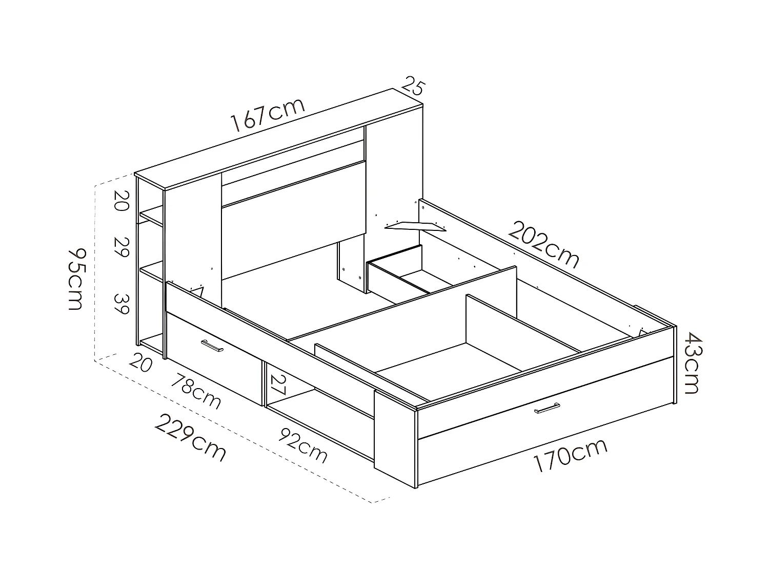 Letto con testata con vani portaoggetti e cassetti 160 x 200 cm: Naturale + Rete LEANDRE