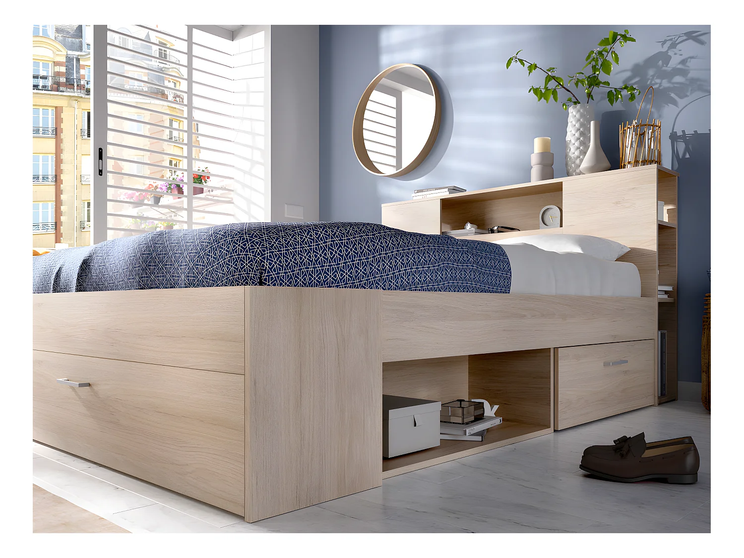 Letto con testata con vani portaoggetti e cassetti 160 x 200 cm: Naturale + Rete LEANDRE