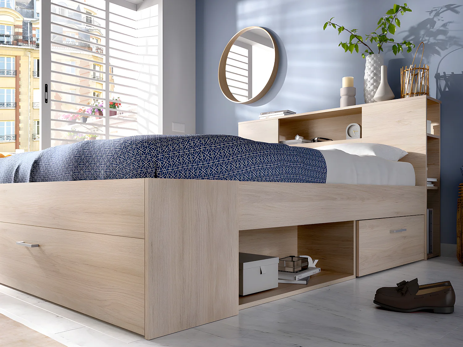 Lit avec tête de lit rangements et tiroirs - 160 x 200 cm - Coloris : Naturel + Sommier - LEANDRE