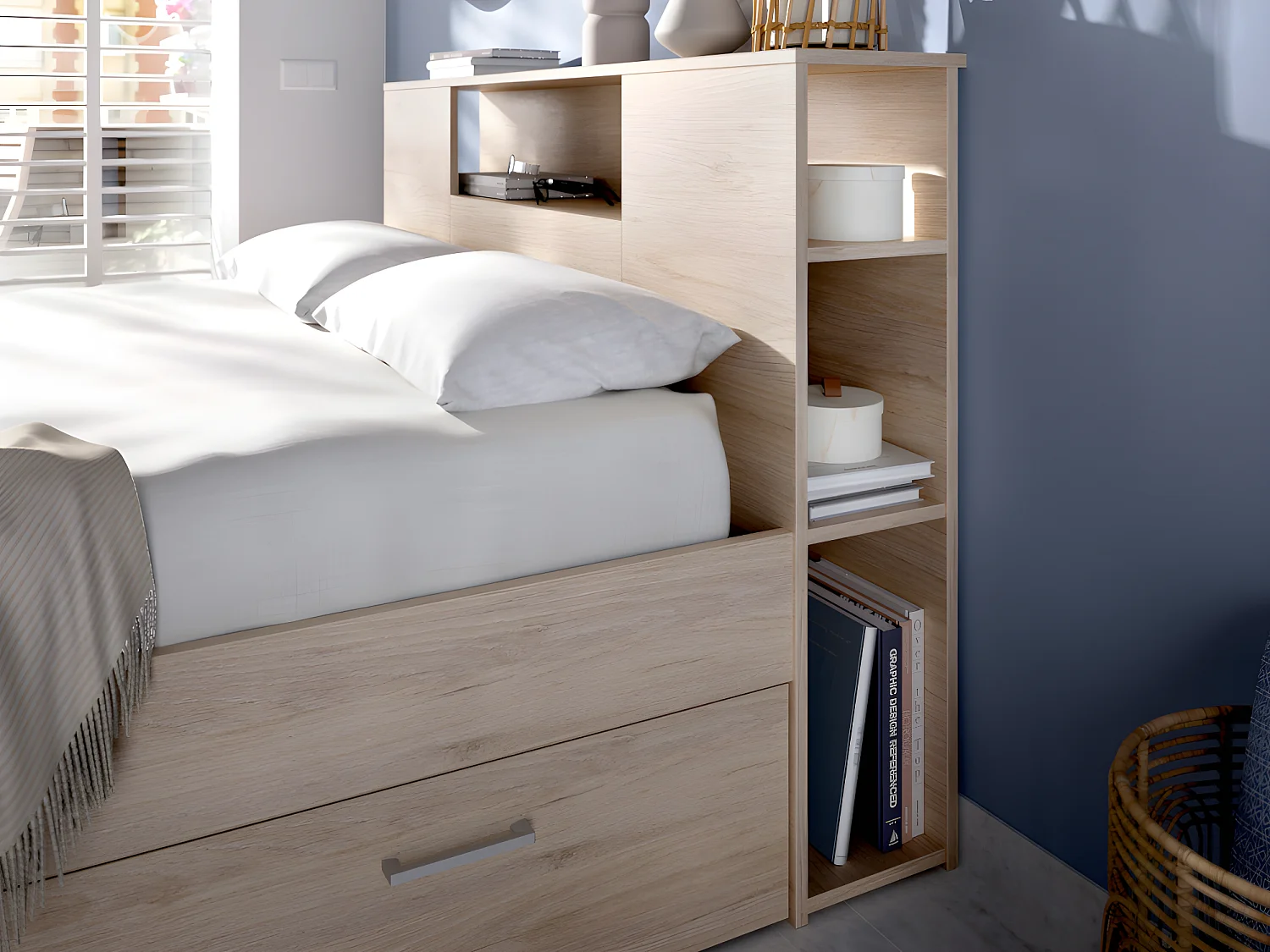 Lit avec tête de lit rangements et tiroirs - 160 x 200 cm - Coloris : Naturel + Sommier - LEANDRE