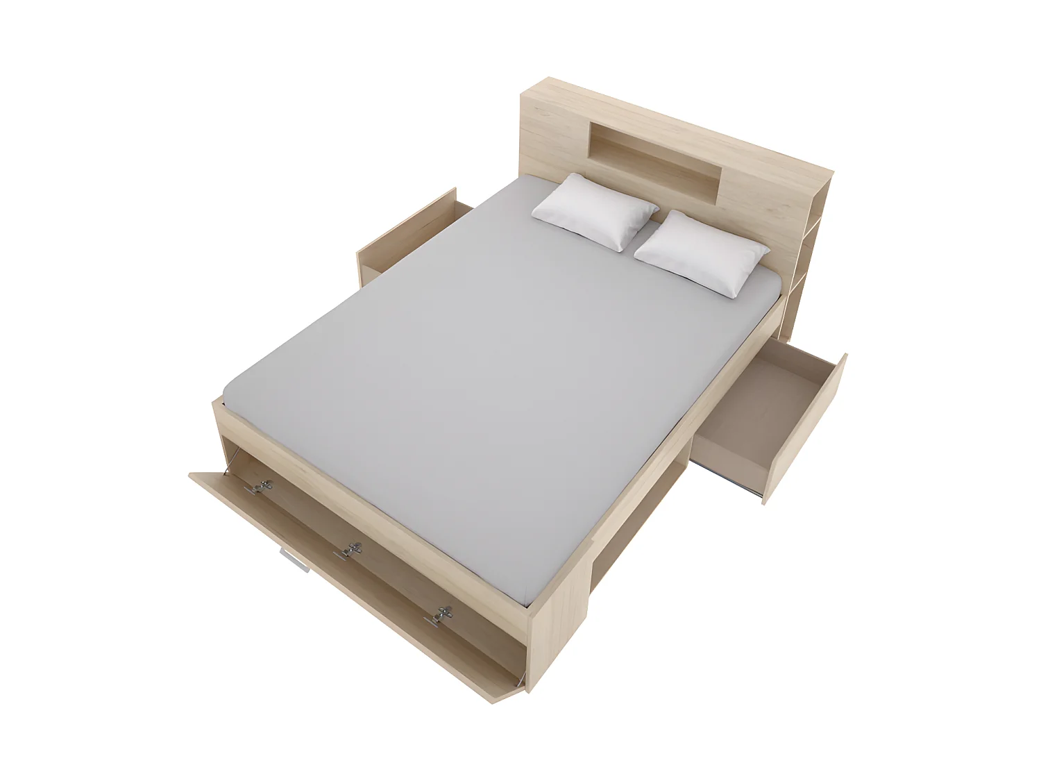 Lit avec tête de lit rangements et tiroirs - 160 x 200 cm - Coloris : Naturel + Sommier - LEANDRE