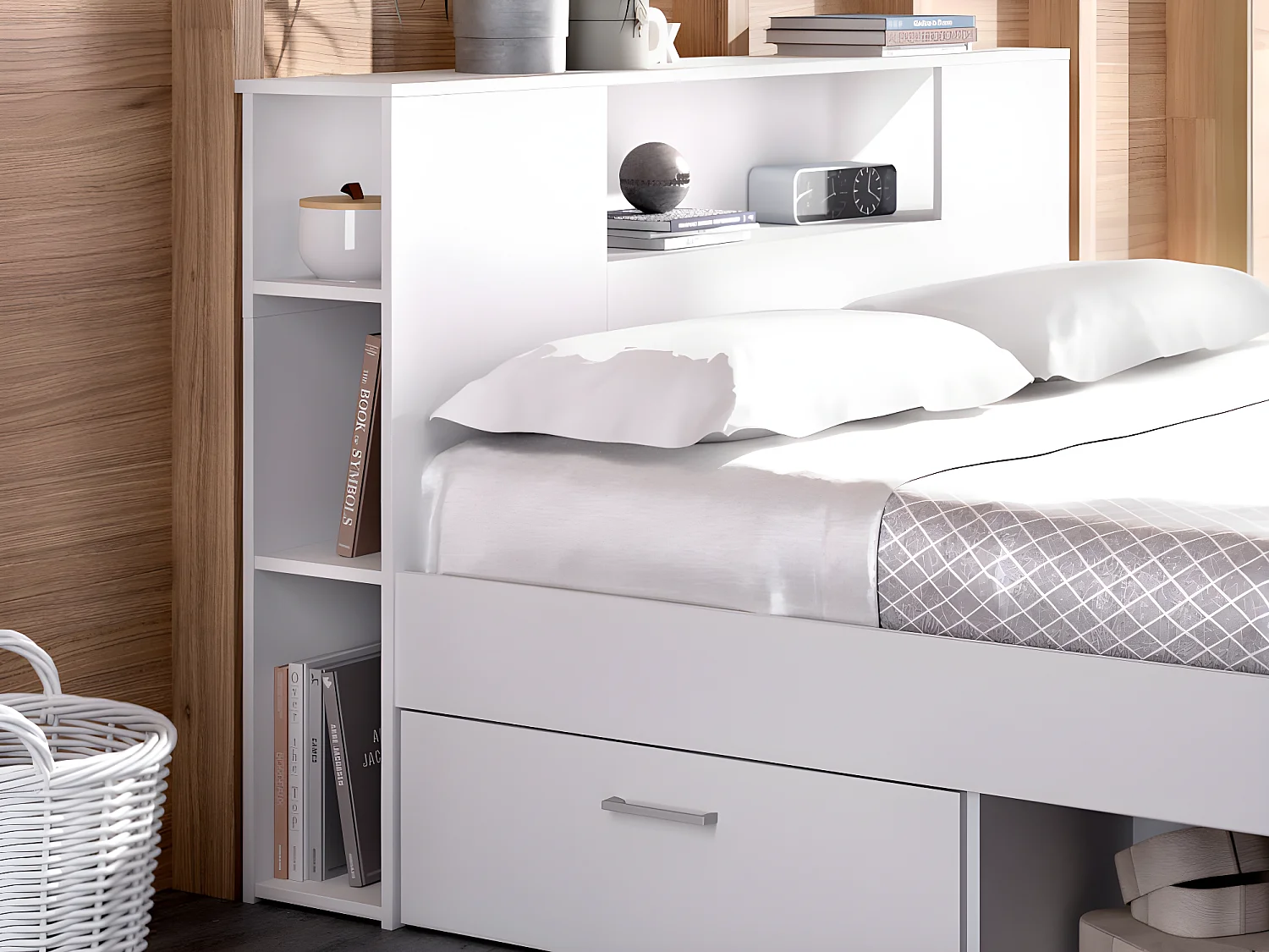 Lit avec tête de lit rangements et tiroirs - 160 x 200 cm - Coloris : Blanc + Sommier - LEANDRE