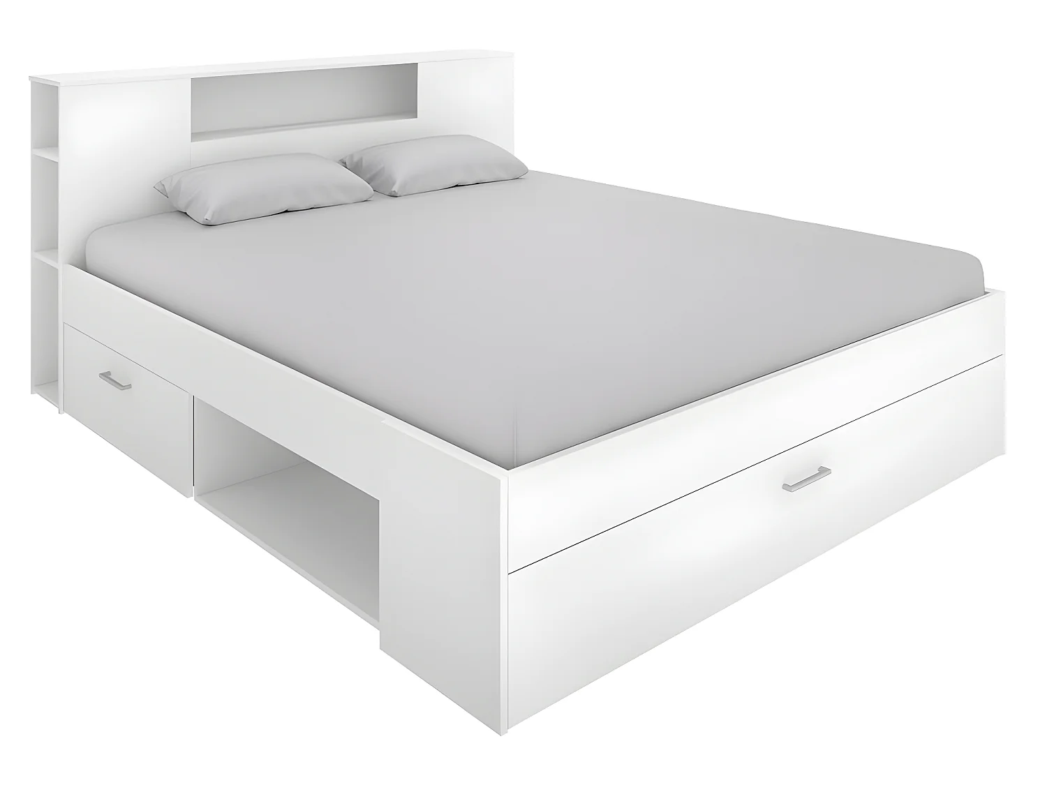 Lit avec tête de lit rangements et tiroirs - 160 x 200 cm - Coloris : Blanc + Sommier - LEANDRE