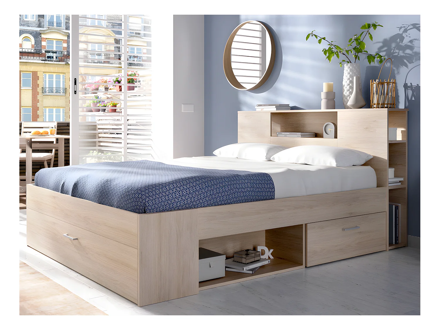 Bett mit Kopfteil, Stauraum & Schubladen + Lattenrost + Matratze - 160 x 200 cm - Holzfarben - LEANDRE