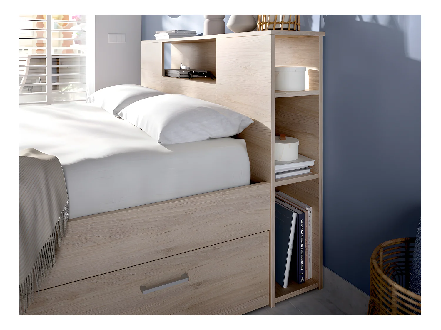 Bed met hoofdeinde met opbergruimte en lades - 160 x 200 cm - Kleur: naturel + Bedbodem + Matras - LEANDRE