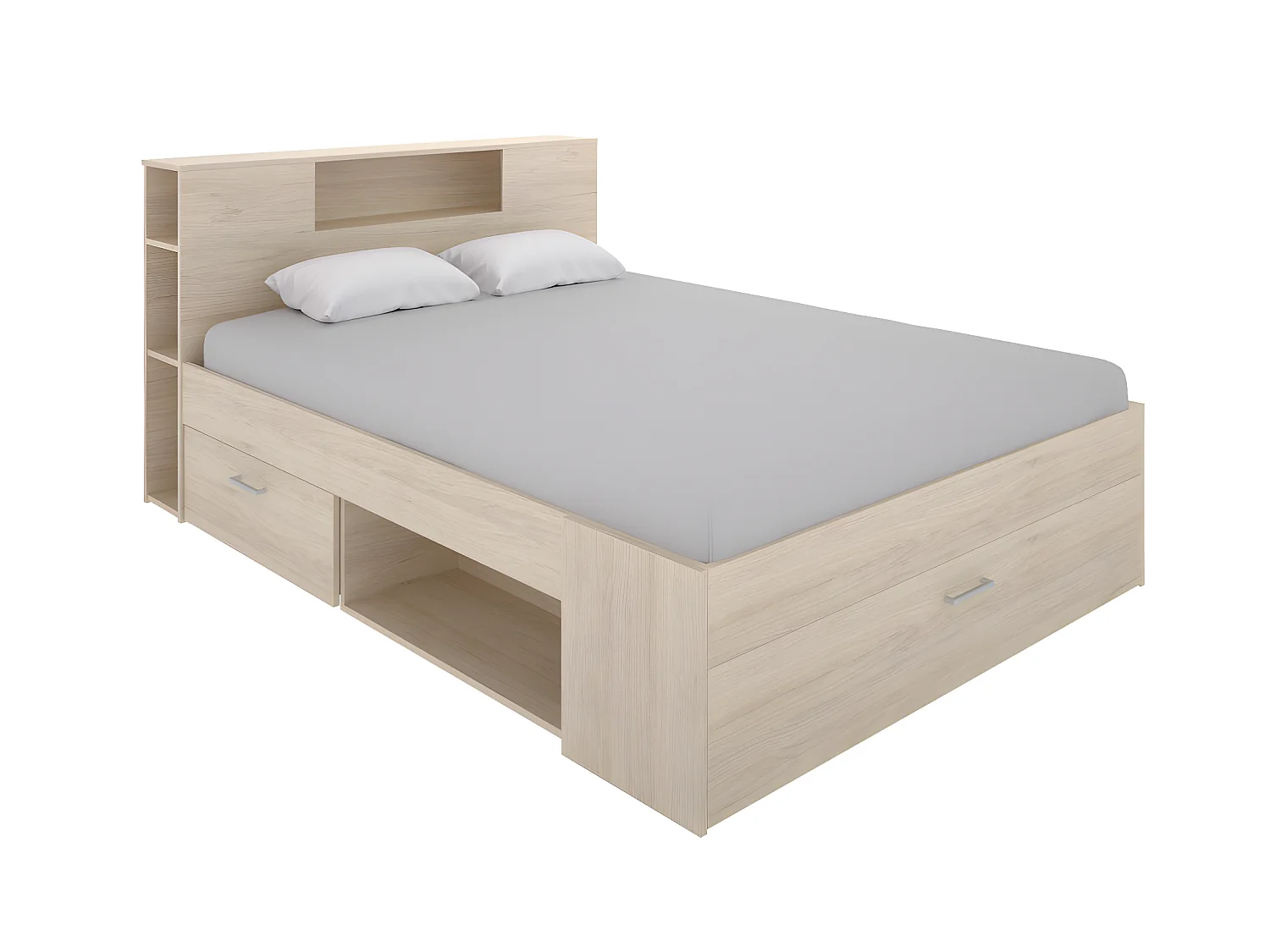 Bed met hoofdeinde met opbergruimte en lades - 160 x 200 cm - Kleur: naturel + Bedbodem + Matras - LEANDRE