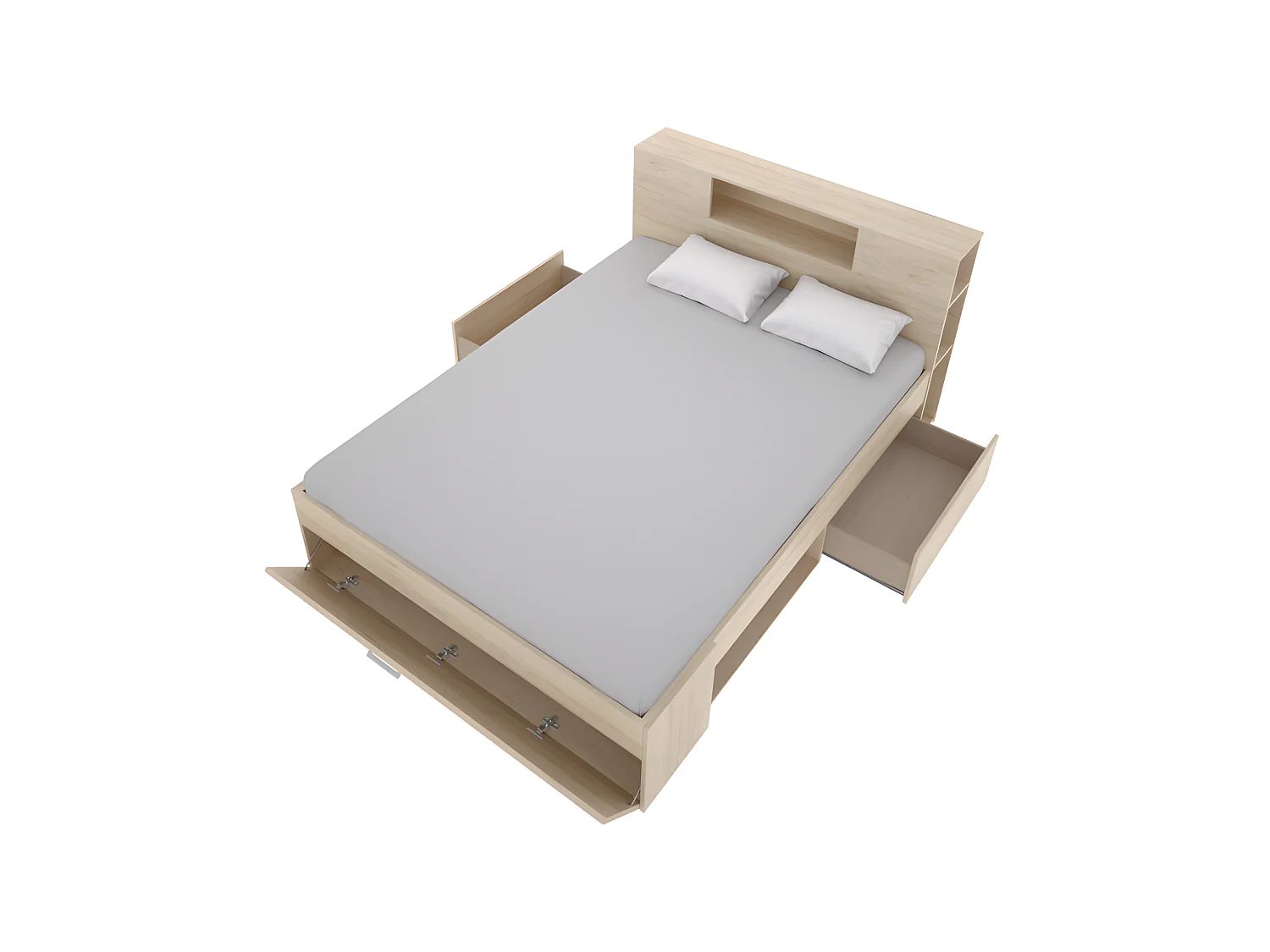 Bed met hoofdeinde met opbergruimte en lades - 160 x 200 cm - Kleur: naturel + Bedbodem + Matras - LEANDRE