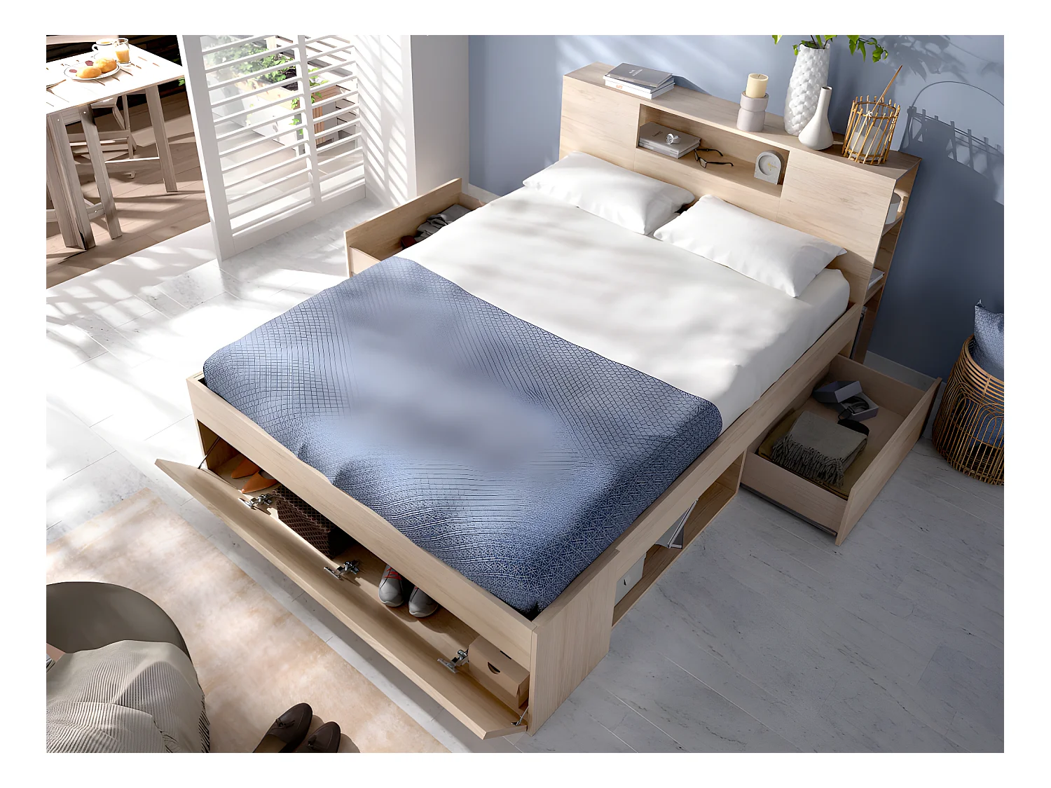 Bed met hoofdeinde met opbergruimte en lades - 160 x 200 cm - Kleur: naturel + Bedbodem + Matras - LEANDRE