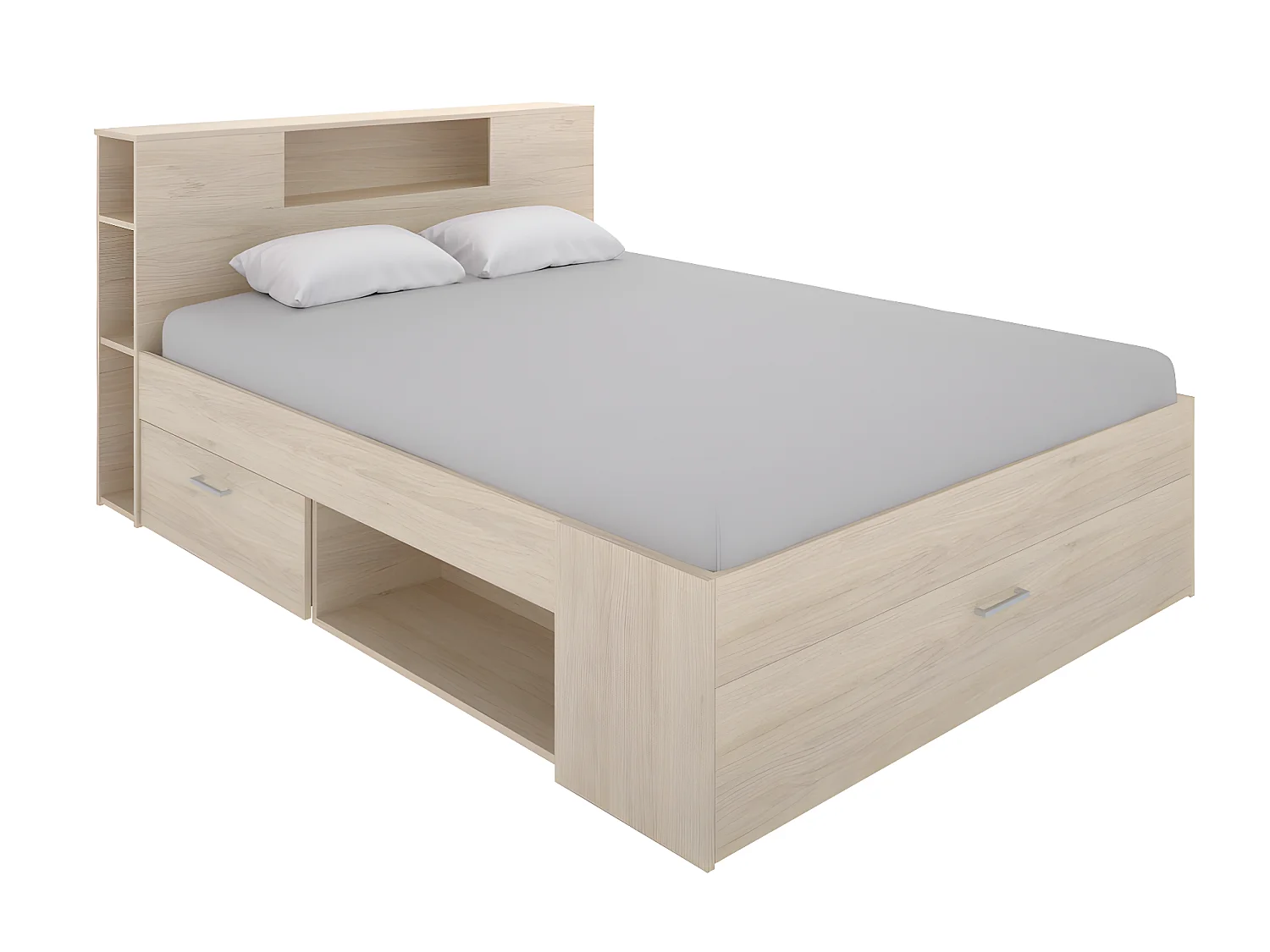 Cama com cabeceira de cama, espaços de arrumação e gavetas 160 x 200 cm cor natural + sommier + colchão - LEANDRE