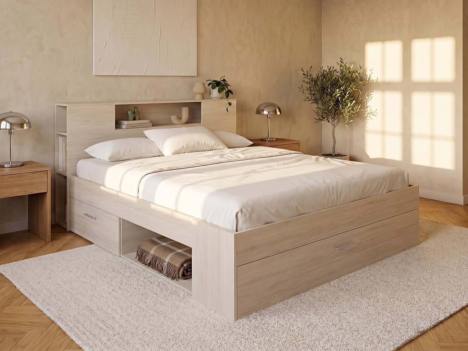 Vente-unique Bett mit Kopfteil, Stauraum & Schubladen + Lattenrost + Matratze - 160 x 200 cm - Holzfarben - LEANDRE 1388709