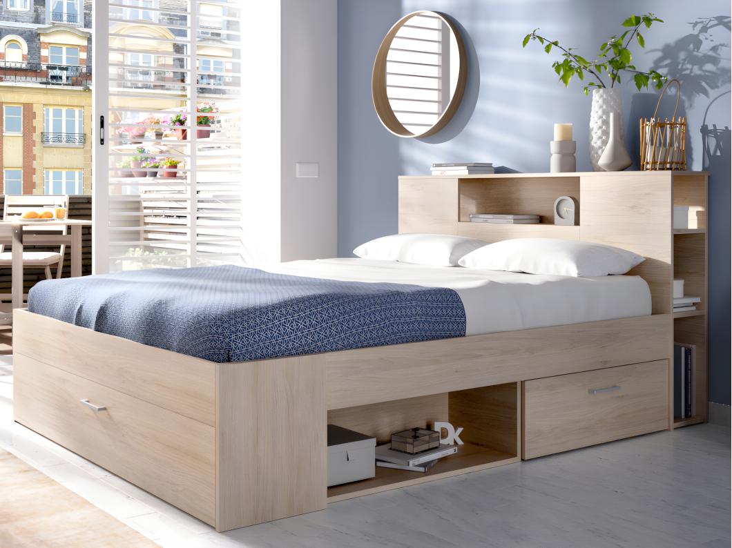 Lit avec tête de lit rangements et tiroirs - 160 x 200 cm - Coloris : Naturel + Sommier + Matelas - LEANDRE