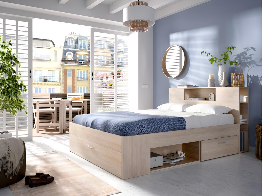Lit avec tête de lit rangements et tiroirs - 160 x 200 cm - Coloris : Naturel + Sommier + Matelas - LEANDRE