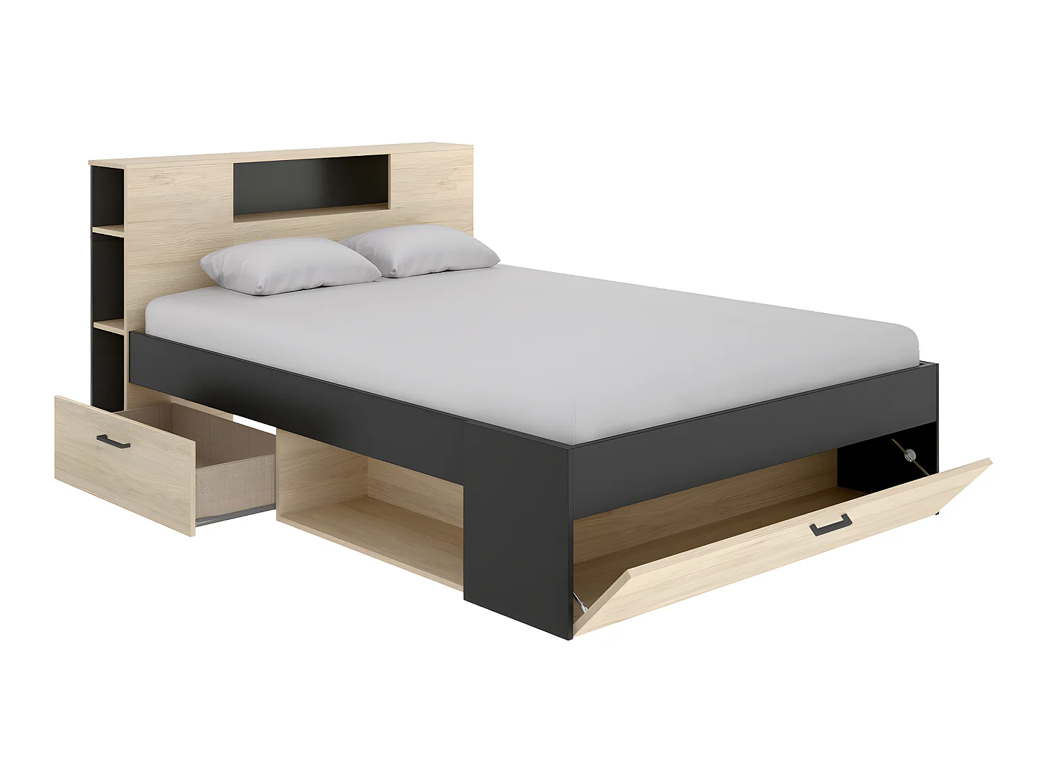 Letto con testata con vani portaoggetti e cassetti 160 x 200 cm: Naturale e Antracite + Rete LEANDRE