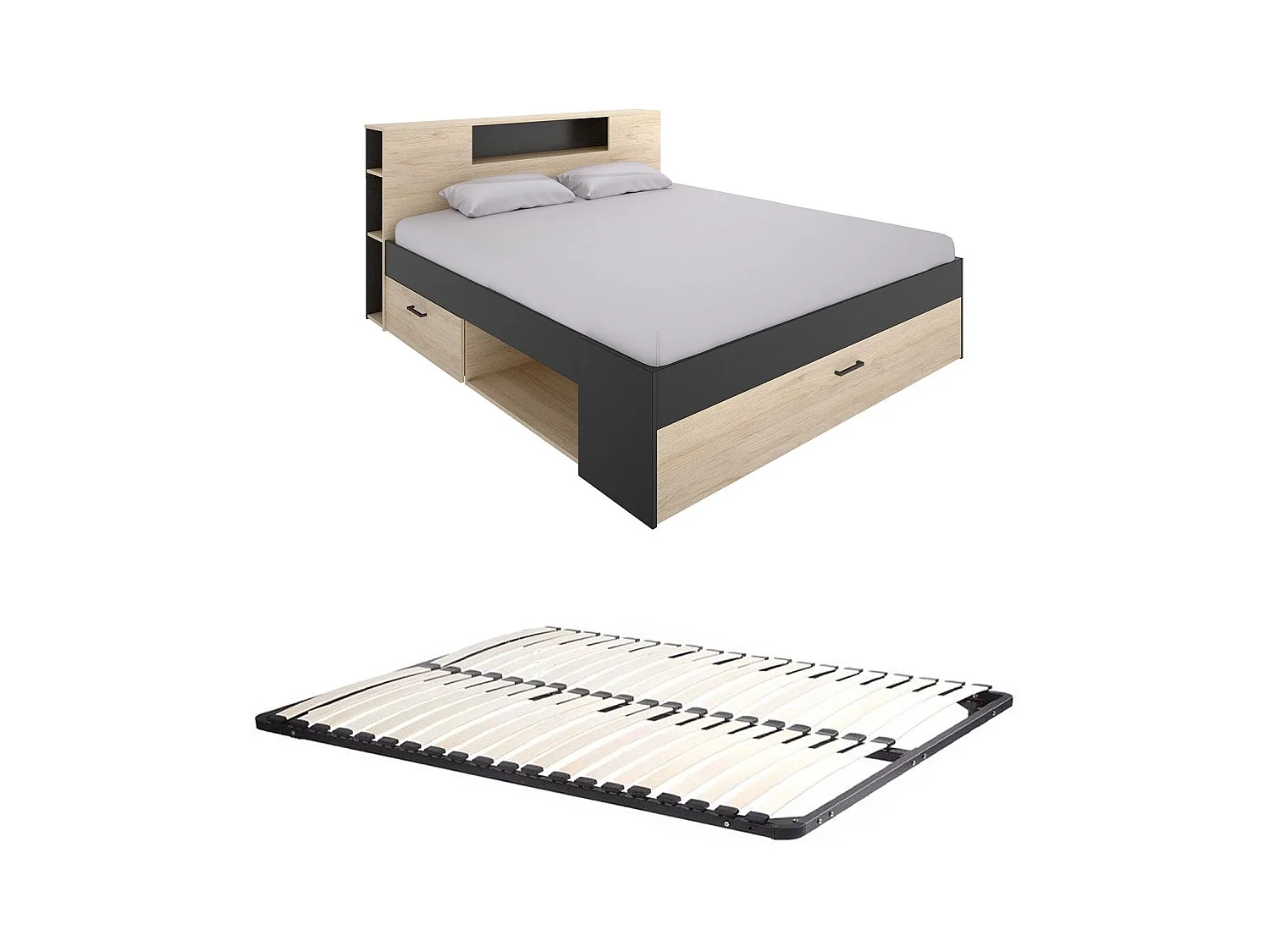 Letto con testata con vani portaoggetti e cassetti 160 x 200 cm: Naturale e Antracite + Rete LEANDRE