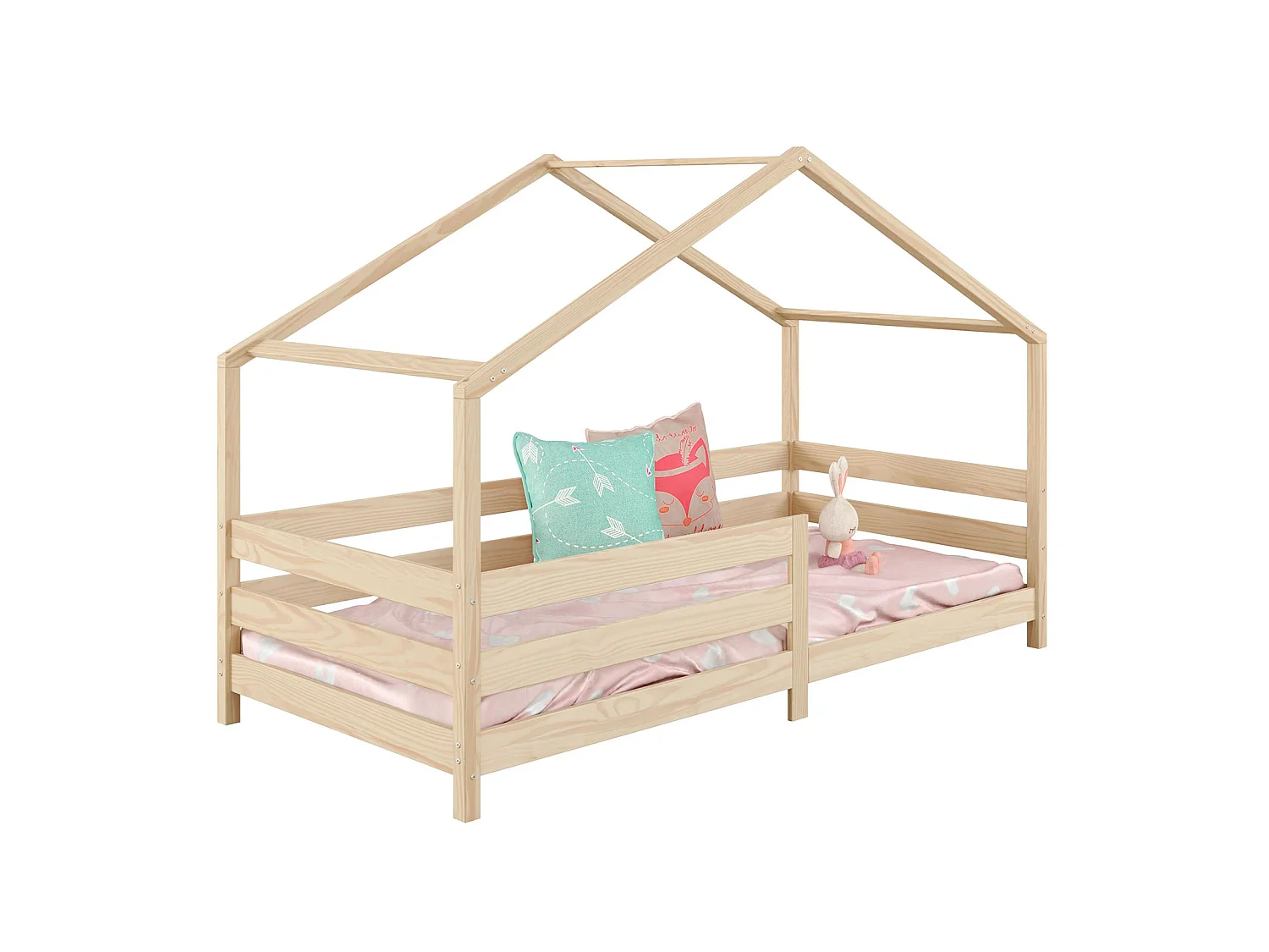 Lit cabane RENA lit simple montessori pour enfant 90 x 200 cm, avec barrières de protection, en pin massif à la finition naturelle