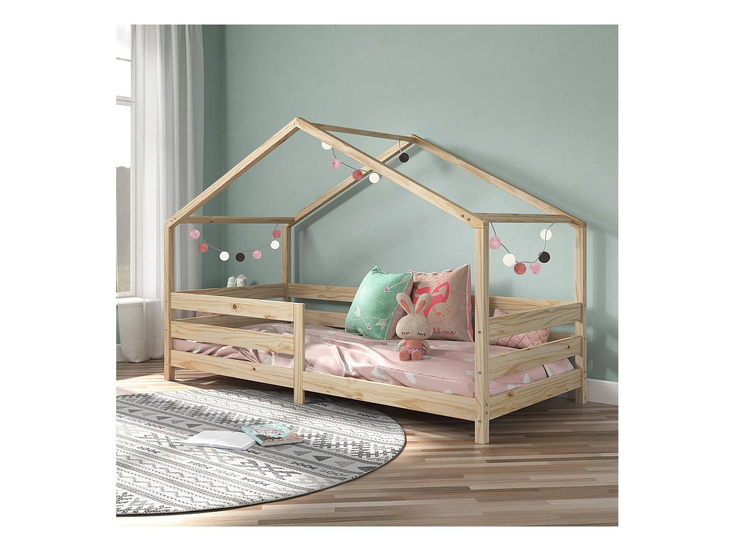 Lit cabane RENA lit simple montessori pour enfant 90 x 200 cm, avec barrières de protection, en pin massif à la finition naturelle