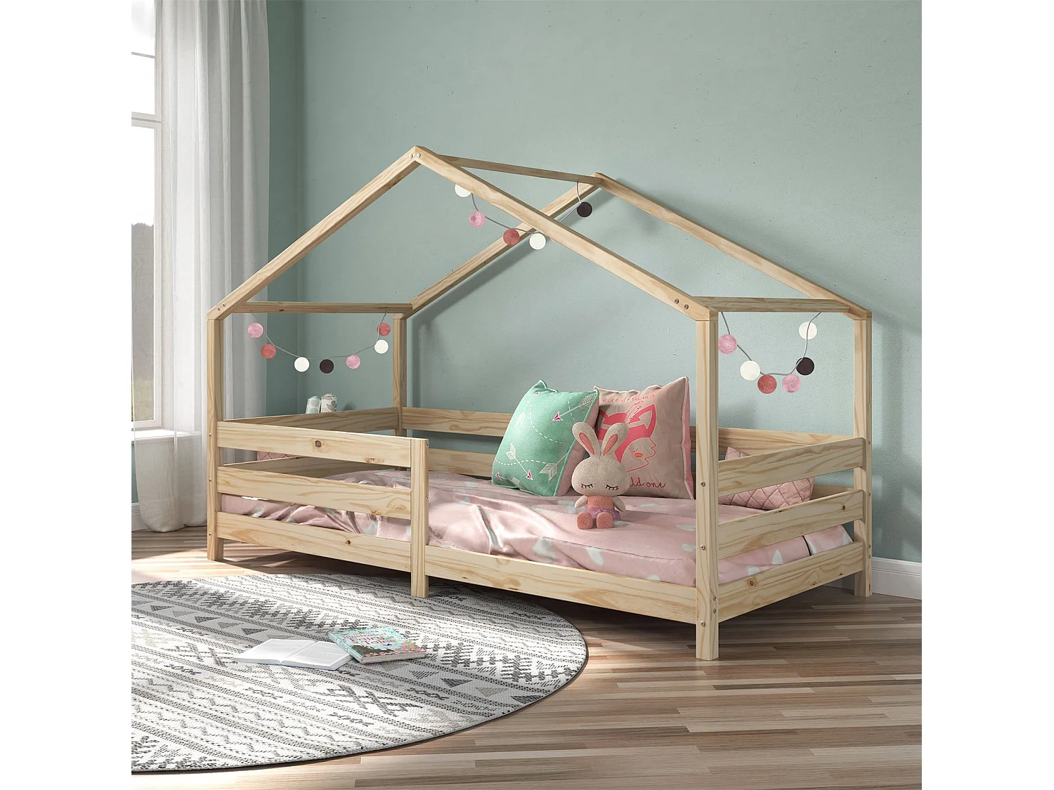 Lit cabane RENA lit simple montessori pour enfant 90 x 200 cm, avec barrières de protection, en pin massif à la finition naturelle