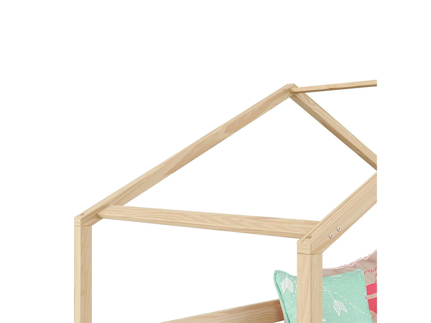 Lit cabane RENA lit simple montessori pour enfant 90 x 200 cm, avec barrières de protection, en pin massif à la finition naturelle