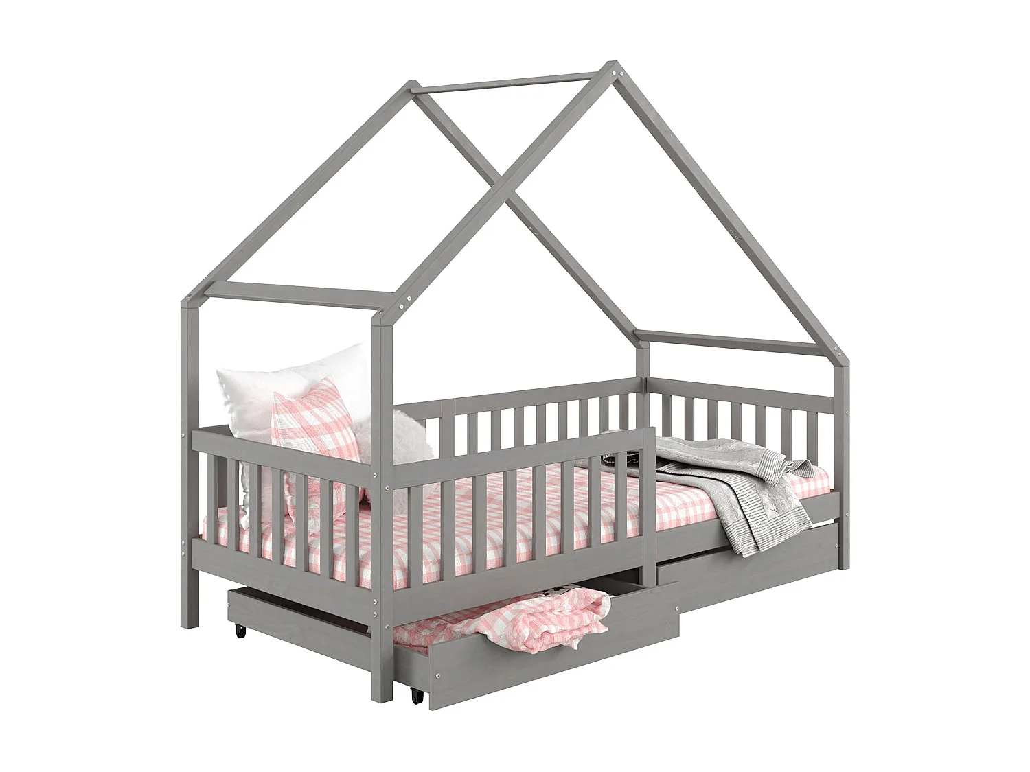 Lit cabane ALVA lit enfant simple asymétrique en bois 90 x 200 cm montessori, avec rangement 2 tiroirs, en pin massif lasuré gris
