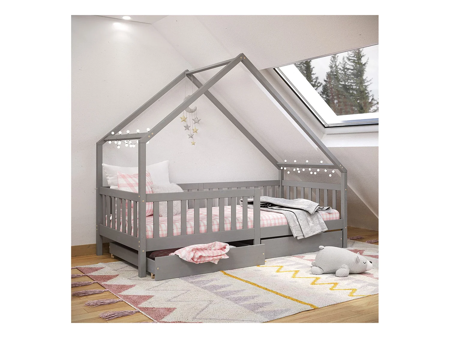Lit cabane ALVA lit enfant simple asymétrique en bois 90 x 200 cm montessori, avec rangement 2 tiroirs, en pin massif lasuré gris
