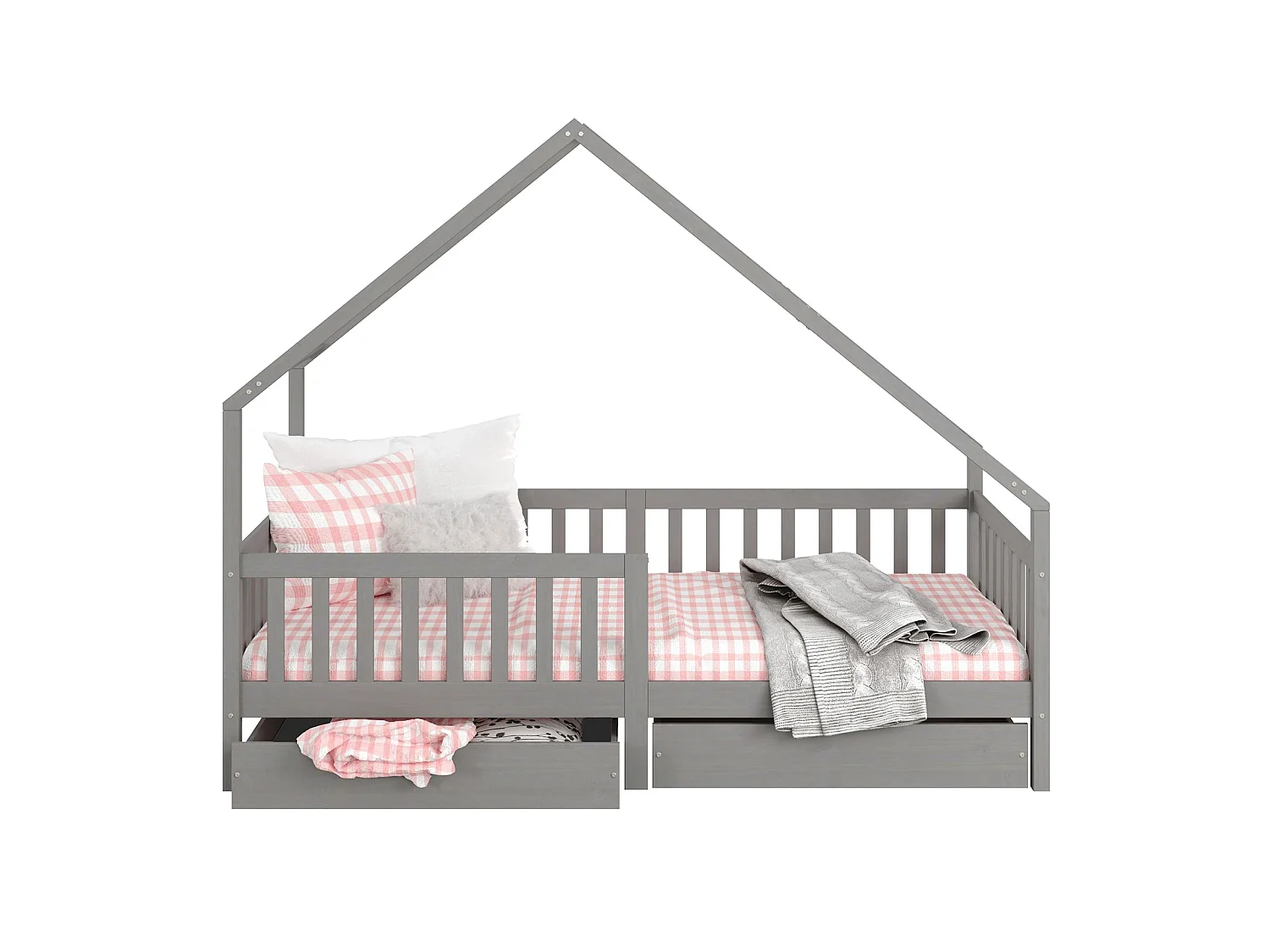 Lit cabane ALVA lit enfant simple asymétrique en bois 90 x 200 cm montessori, avec rangement 2 tiroirs, en pin massif lasuré gris