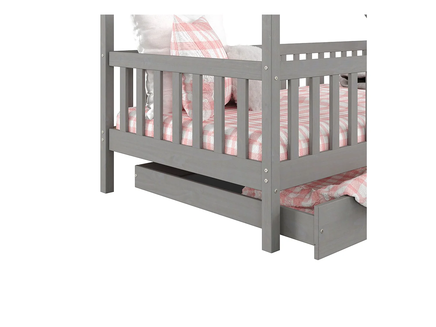 Lit cabane ALVA lit enfant simple asymétrique en bois 90 x 200 cm montessori, avec rangement 2 tiroirs, en pin massif lasuré gris