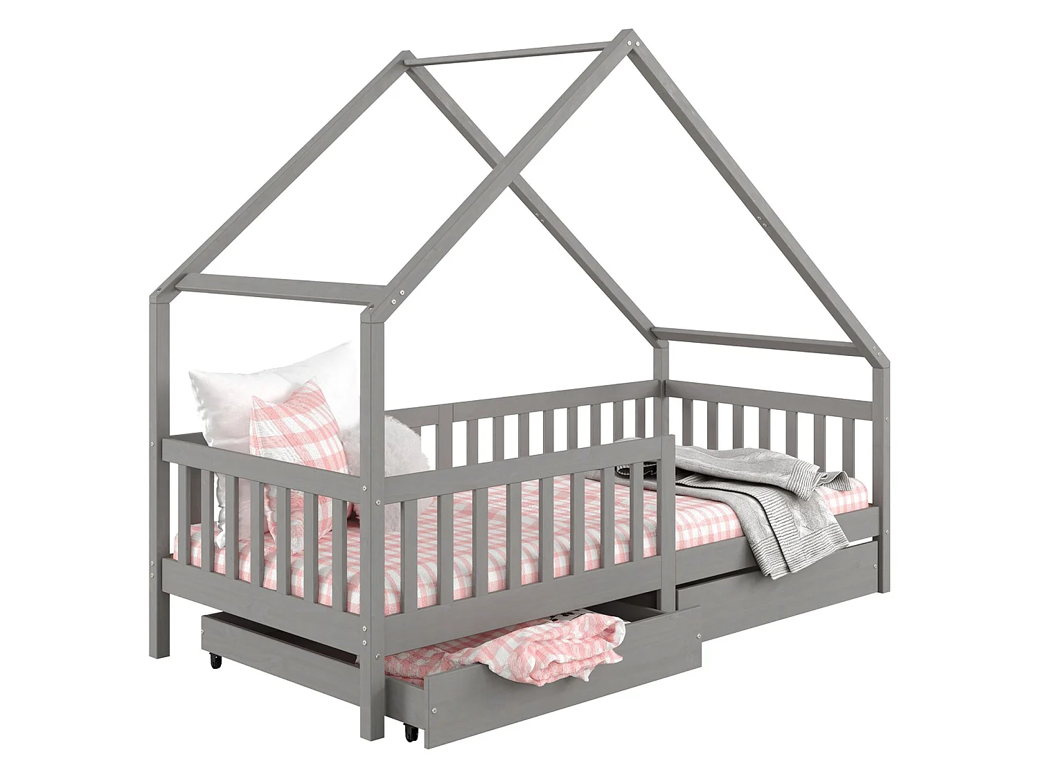 Lit cabane ALVA lit enfant simple asymétrique en bois 90 x 200 cm montessori, avec rangement 2 tiroirs, en pin massif lasuré gris