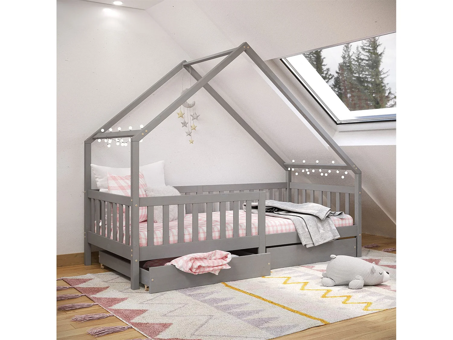Lit cabane ALVA lit enfant simple asymétrique en bois 90 x 200 cm montessori, avec rangement 2 tiroirs, en pin massif lasuré gris