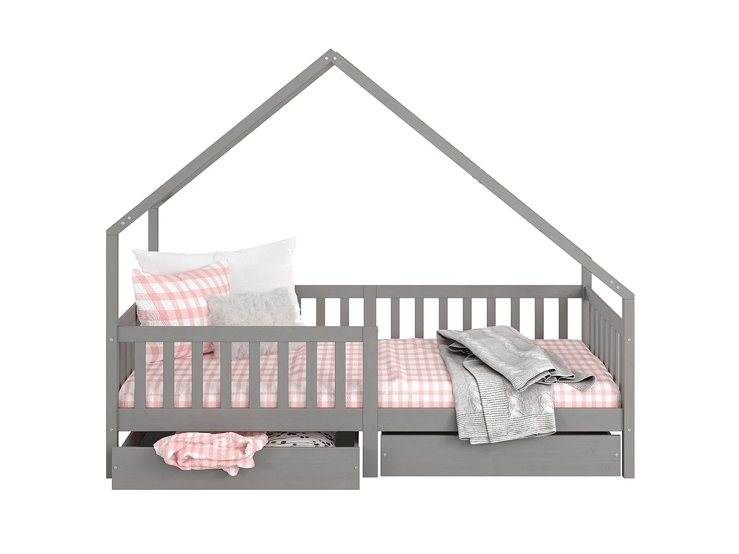 Lit cabane ALVA lit enfant simple asymétrique en bois 90 x 200 cm montessori, avec rangement 2 tiroirs, en pin massif lasuré gris