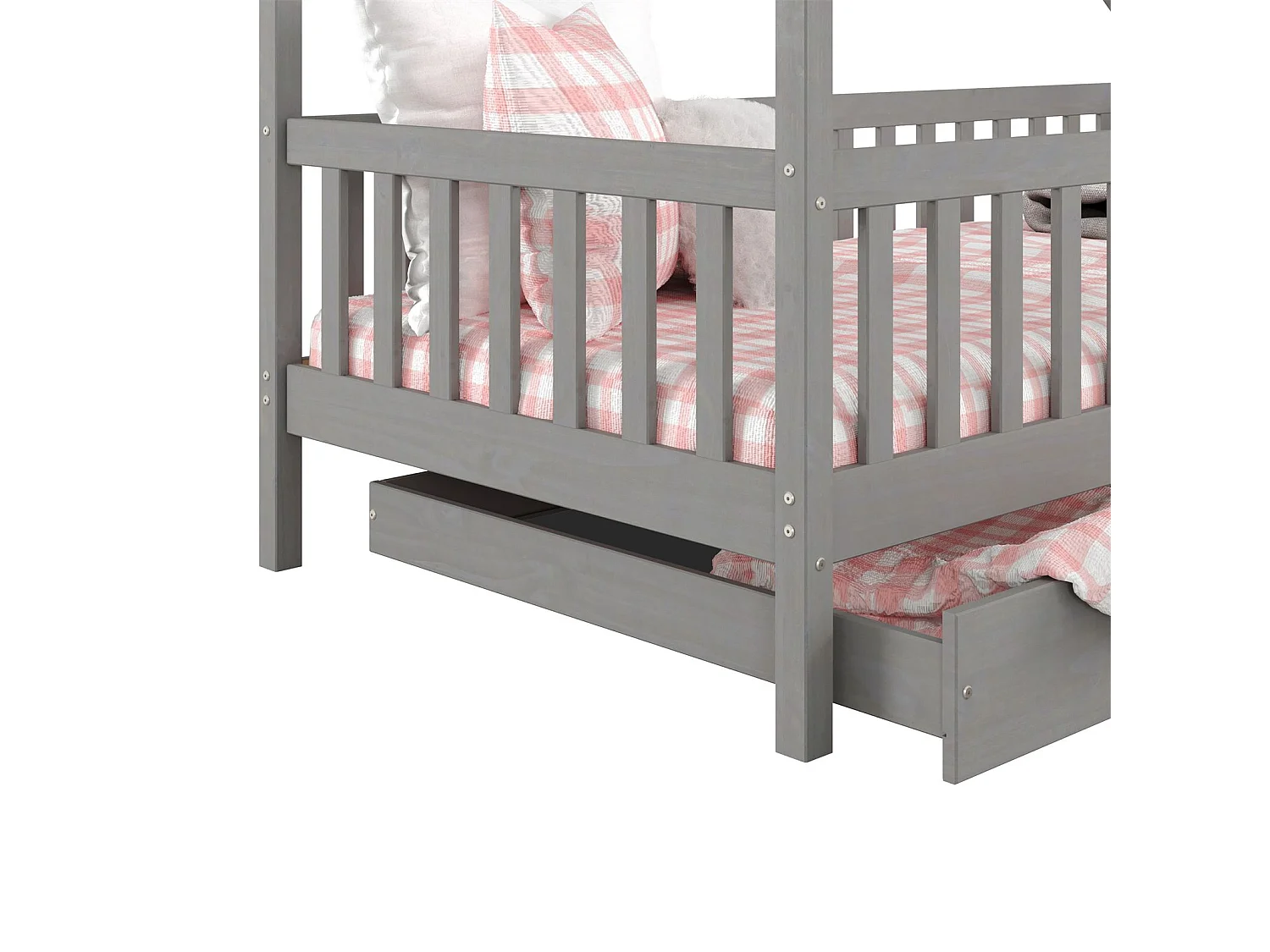 Lit cabane ALVA lit enfant simple asymétrique en bois 90 x 200 cm montessori, avec rangement 2 tiroirs, en pin massif lasuré gris