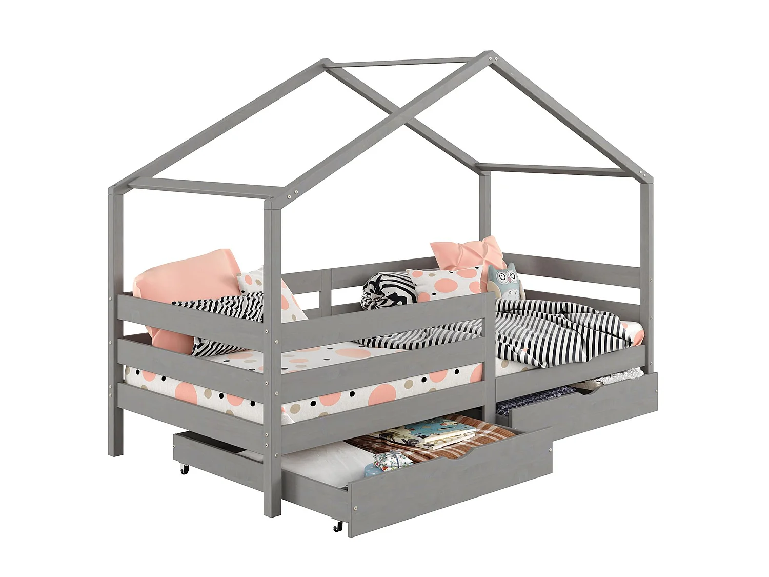 Lit cabane ENA lit enfant simple montessori 90 x 200 cm, avec 2 tiroirs de rangement, en pin massif lasuré gris