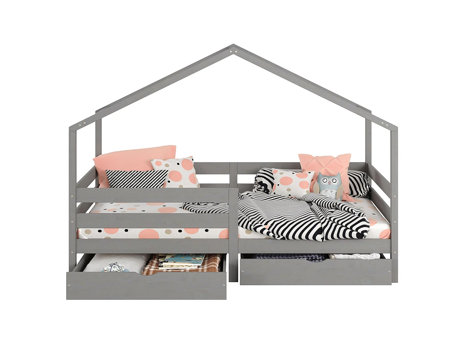 Lit cabane ENA lit enfant simple montessori 90 x 200 cm, avec 2 tiroirs de rangement, en pin massif lasuré gris