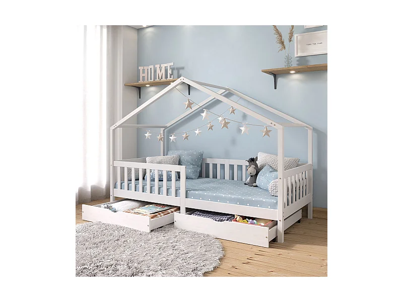 Lit cabane ELEA lit enfant simple montessori 90 x 200 cm, avec 2 tiroirs de rangement, en pin massif lasuré blanc