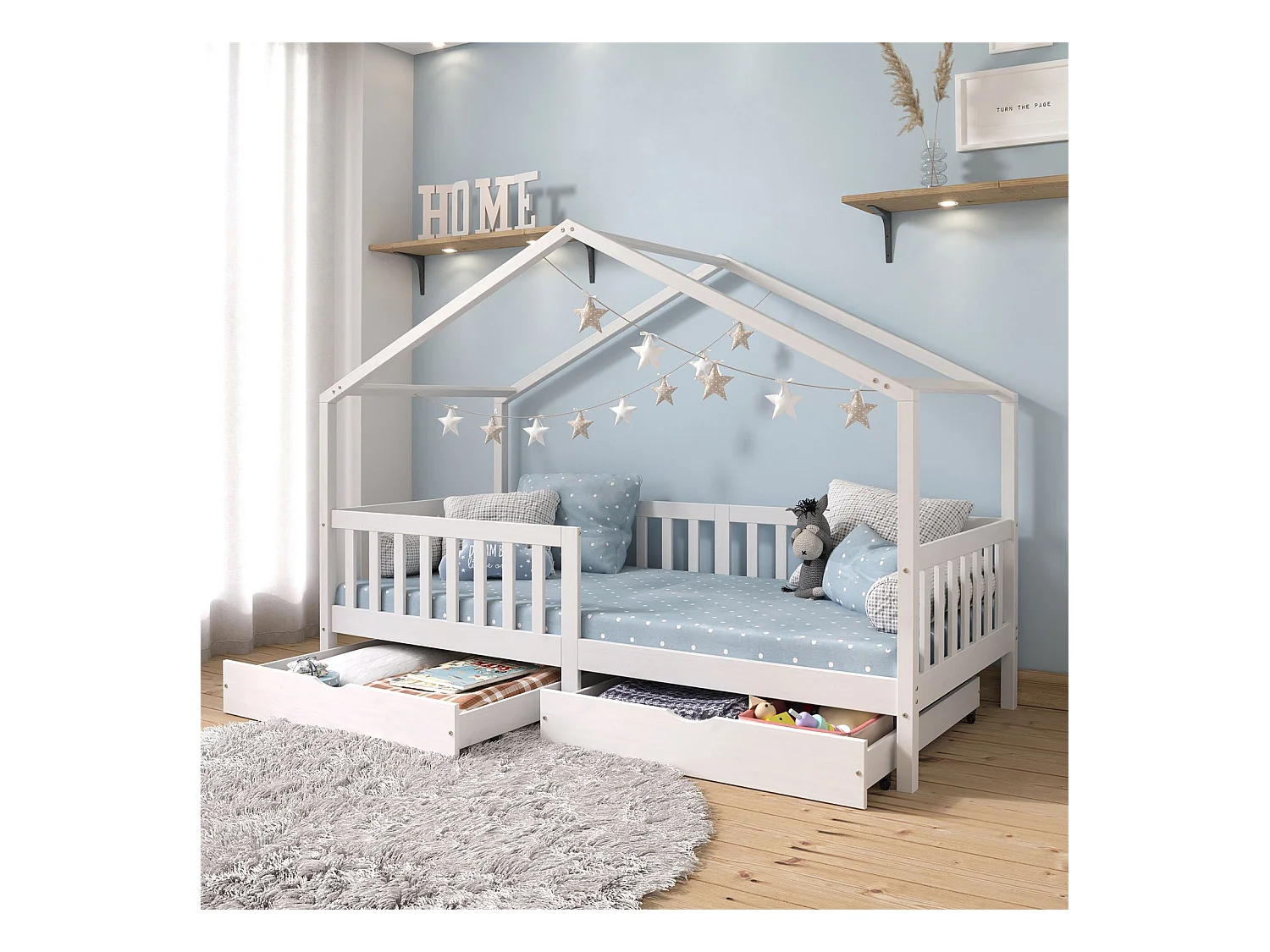 Lit cabane ELEA lit enfant simple montessori 90 x 200 cm, avec 2 tiroirs de rangement, en pin massif lasuré blanc