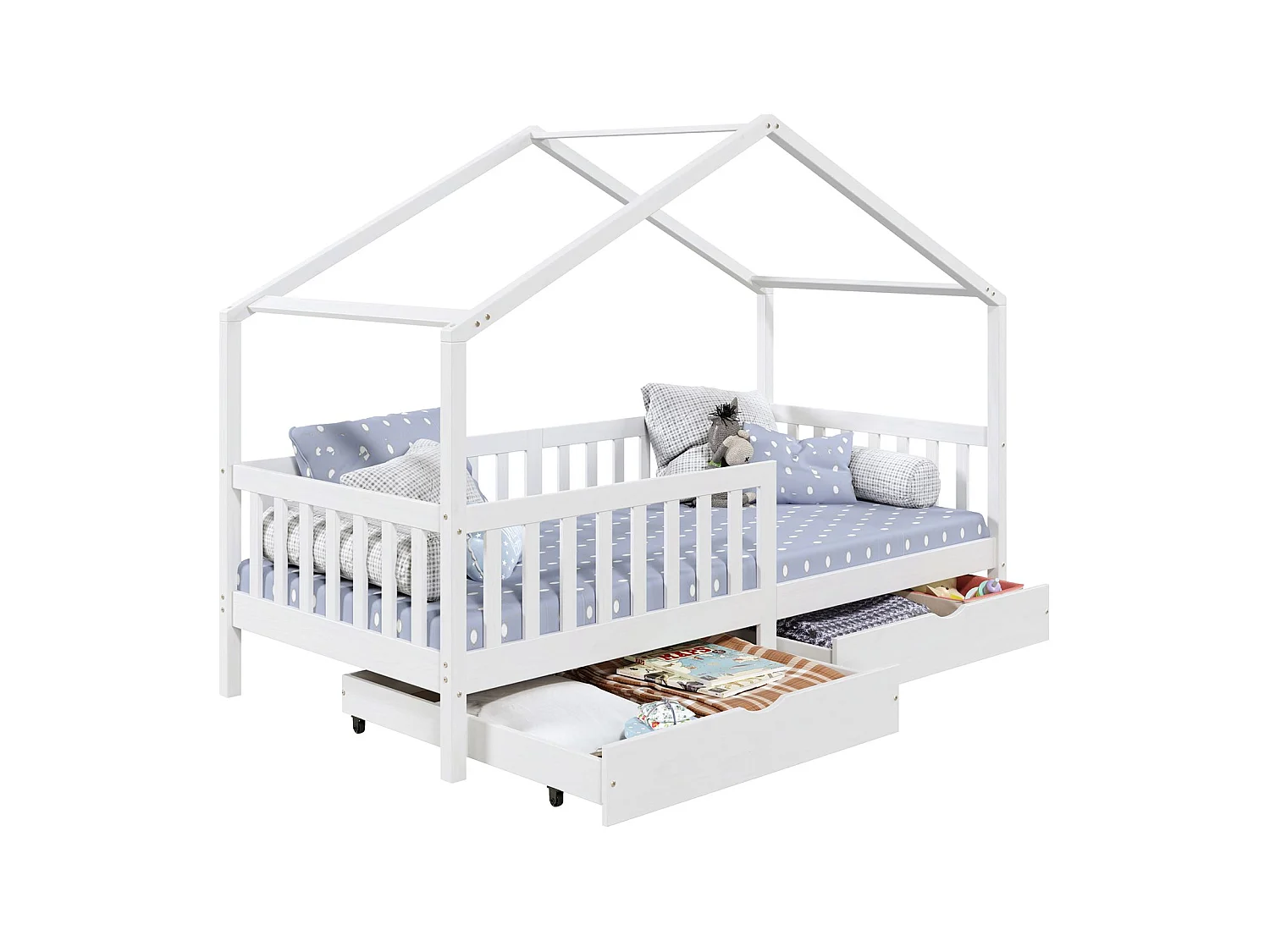 Lit cabane ELEA lit enfant simple montessori 90 x 200 cm, avec 2 tiroirs de rangement, en pin massif lasuré blanc
