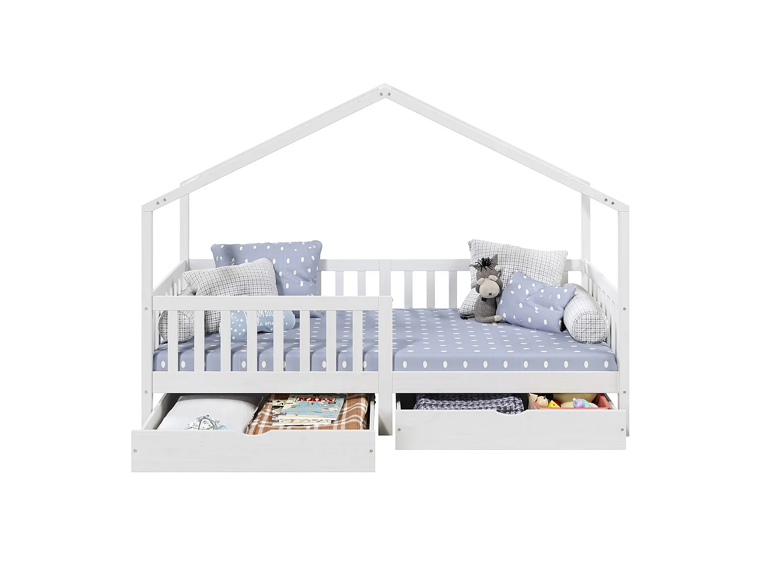 Lit cabane ELEA lit enfant simple montessori 90 x 200 cm, avec 2 tiroirs de rangement, en pin massif lasuré blanc
